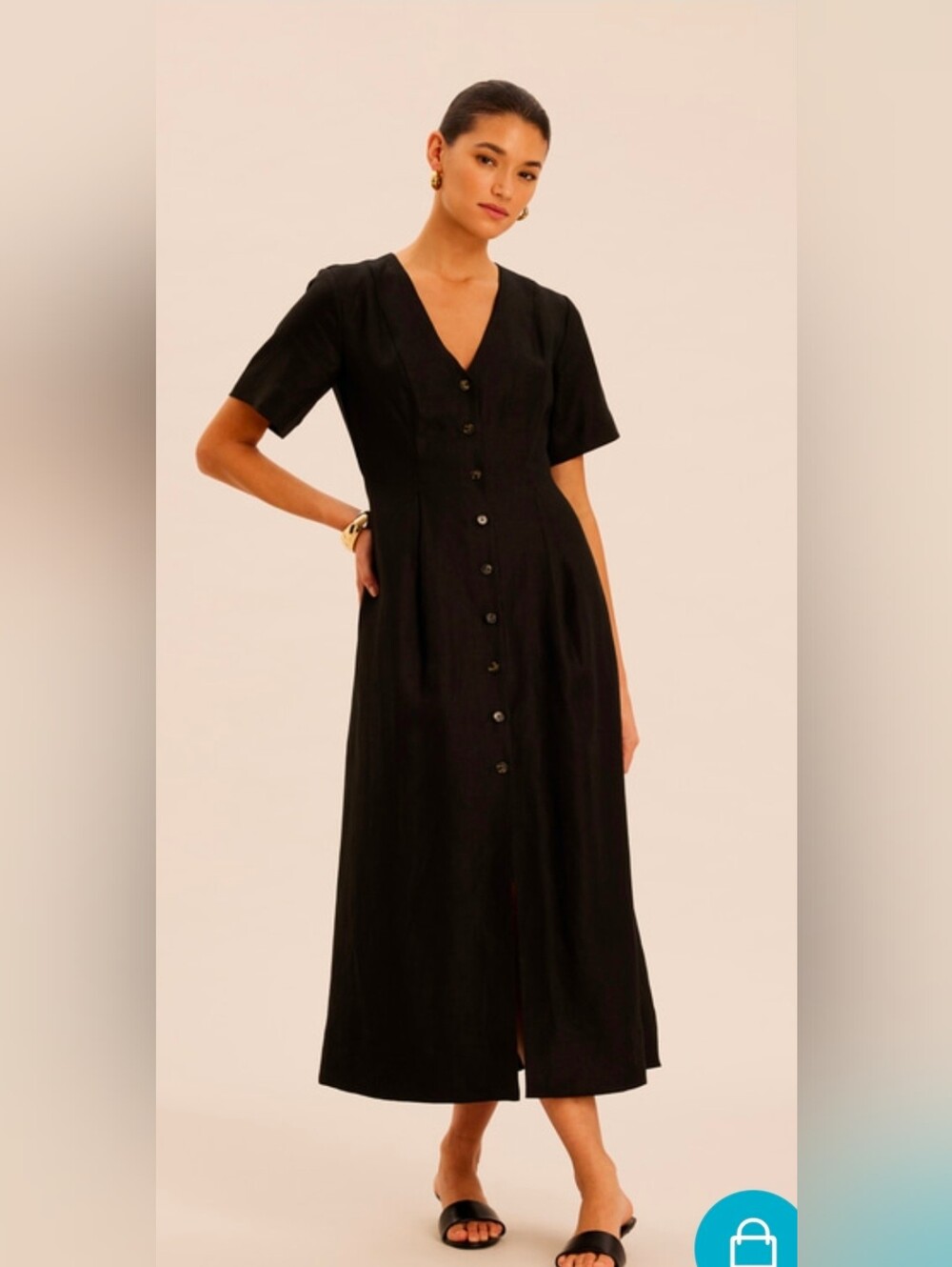 AERE Camille Linen Button Down Midi Dress Black Size 12 NWT